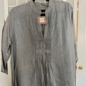 NWT Bazaar 28 Blue/Grey Linen 3/4 Sleeve Dress Blouse/Top Size L